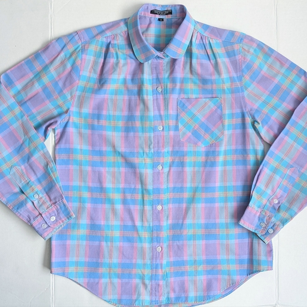 Vintage Pastel Blue and Pink Plaid Button Down Shirt